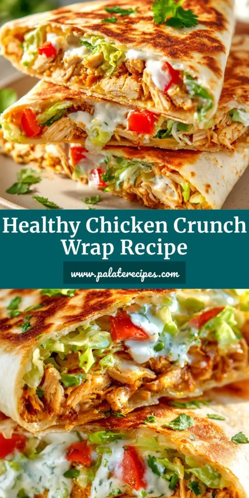 Healthy Chicken Crunch Wrap: Your New Favorite 30-Minute Meal 5 A perfectly toasted Healthy Chicken Crunch Wrap cut in half to show the delicious layers of chicken, lettuce, and tomato inside, with text overlay.
