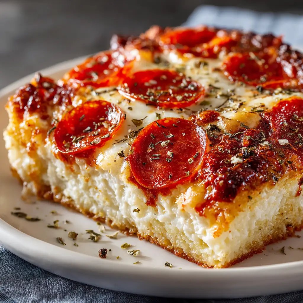The finished Cottage Cheese Pizza Bake in a baking dish, ready to be served. A healthy dinner recipe that's packed with protein.