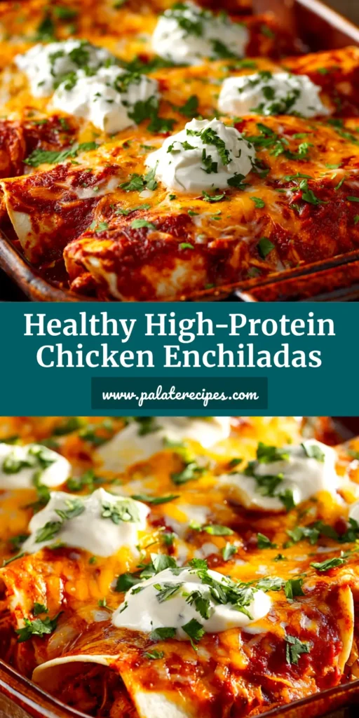 A top-down view of cheesy high protein chicken enchiladas in a baking dish, garnished with fresh cilantro. The enchiladas are covered in red sauce and melted golden cheese.