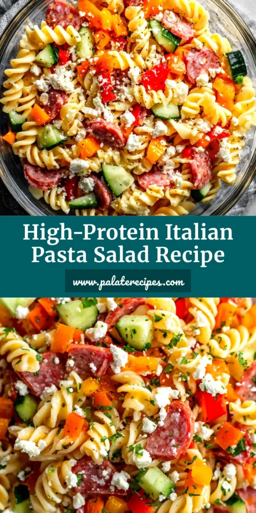 A large bowl of high-protein Italian pasta salad, filled with chicken, salami, tomatoes, and mozzarella. The image has text overlay for Pinterest.