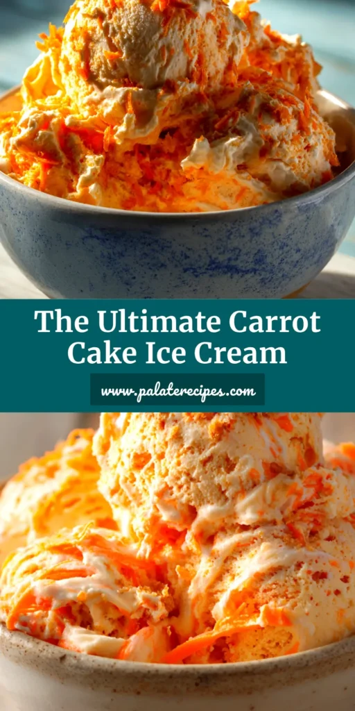 A scoop of homemade carrot cake ice cream in a bowl, showing swirls of cream cheese frosting and pieces of pecans. The perfect dessert recipe.