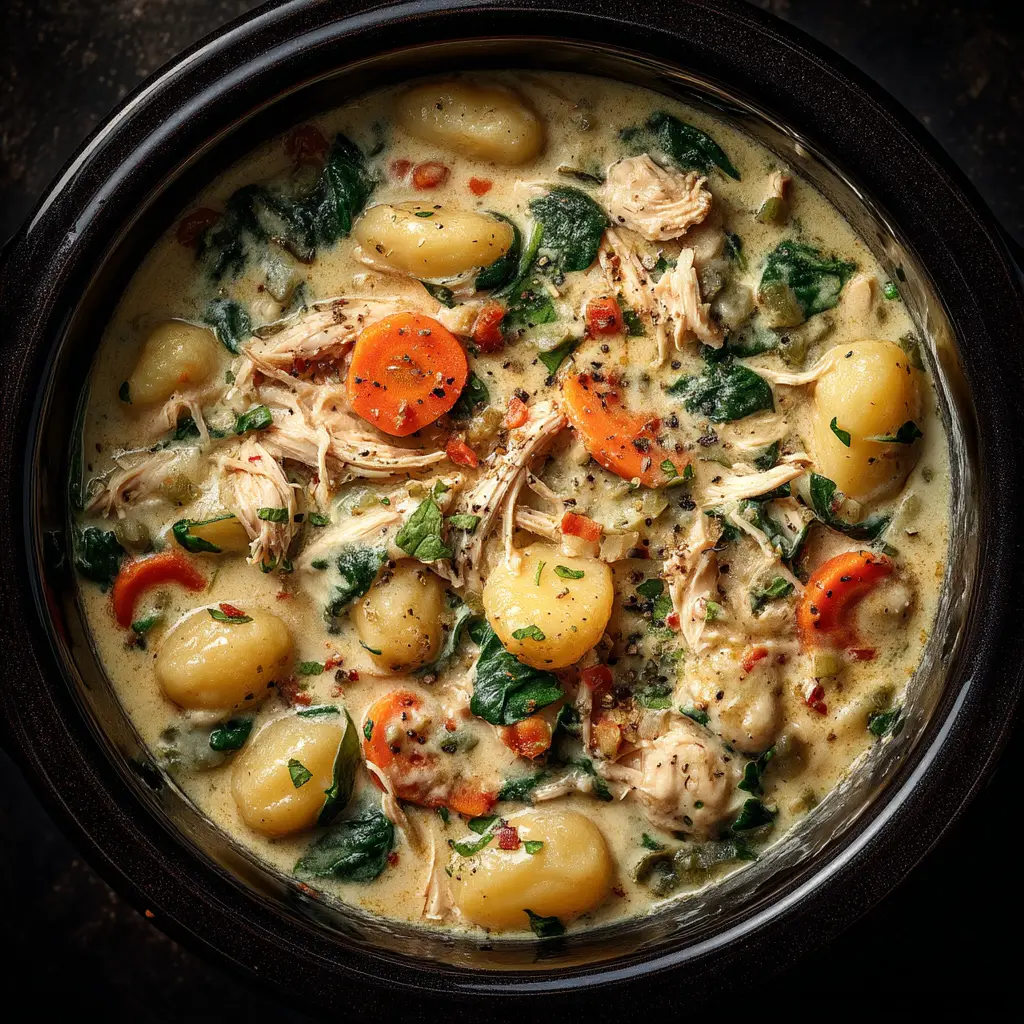 A spoonful of homemade chicken gnocchi soup being lifted from a bowl, with carrots, chicken, and gnocchi visible.