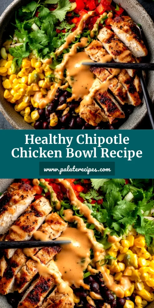 Chipotle Chicken Bowl (The Ultimate Homemade Recipe) 4 An overhead shot of a delicious homemade Chipotle Chicken Bowl, loaded with seasoned chicken, cilantro lime rice, black beans, corn salsa, and guacamole.