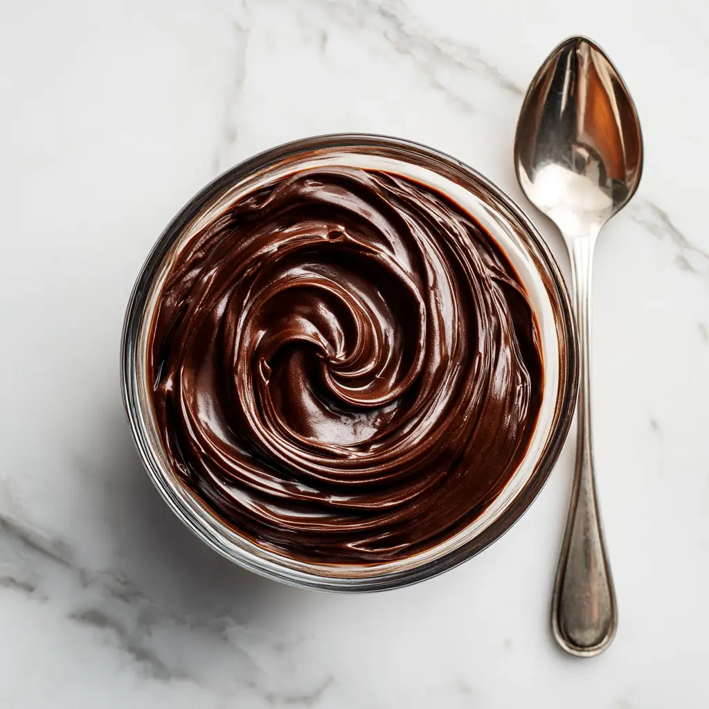 Chocolate Cake Filling Recipe (That's Rich, Fudgy, and Stable!) 3 A close-up overhead view of a homemade chocolate cake filling in a glass bowl. The filling is dark, glossy, and ready to be used in a delicious dessert.
