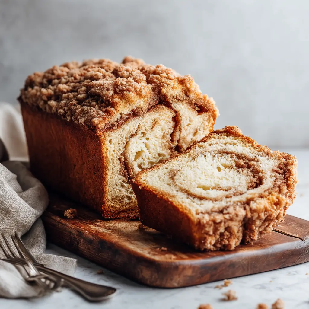 Cinnamon Streusel Bread Recipe (The Ultimate Guide) 3 A close-up shot of a golden-brown loaf of homemade cinnamon bread, topped with a generous layer of buttery streusel, ready to be sliced.