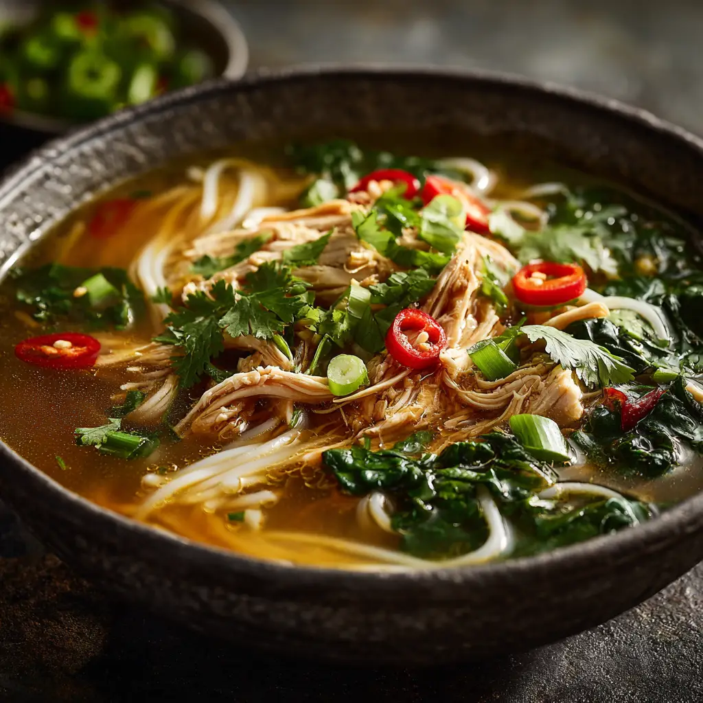 Ginger Garlic Chicken Noodle Soup: The Ultimate Comfort Bowl 3 A rustic bowl filled with homemade ginger garlic chicken noodle soup, showing tender chicken, carrots, and noodles in a rich broth.