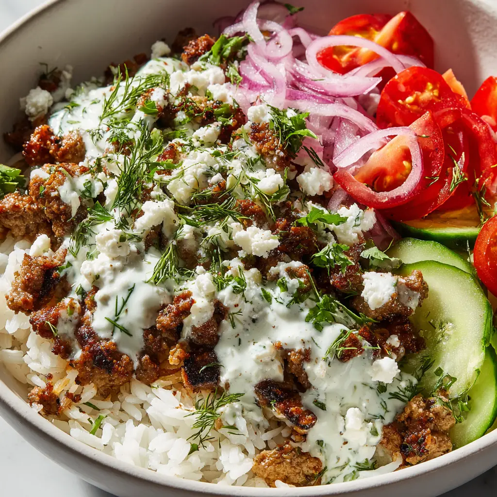A close-up shot of a Greek lamb gyro bowl, with perfectly cooked lamb slices, diced tomatoes, cucumbers, and a dollop of tzatziki.