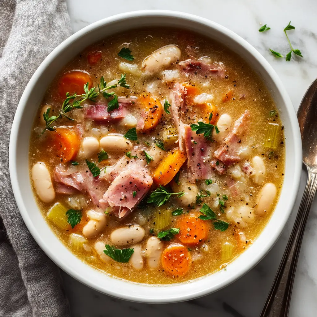 Slow Cooker Ham and Bean Soup (The Ultimate Comfort Food) 2 A spoonful of homemade navy bean soup with ham being lifted from a bowl, showing the creamy texture of the soup.