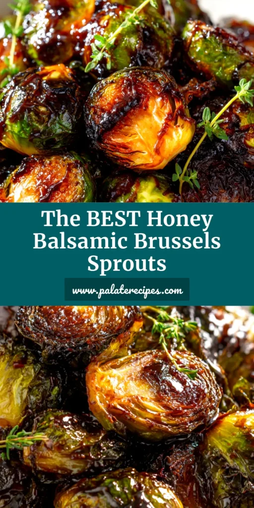 A top-down view of perfectly roasted honey balsamic brussels sprouts in a white serving bowl, showcasing their crispy, caramelized texture and glossy glaze.