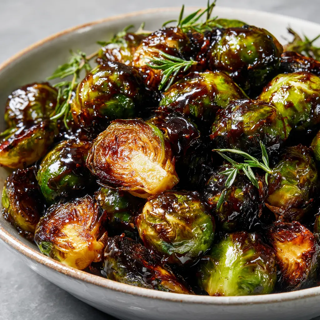 A bowl of freshly glazed honey balsamic Brussels sprouts being tossed, with the glossy glaze coating each sprout.