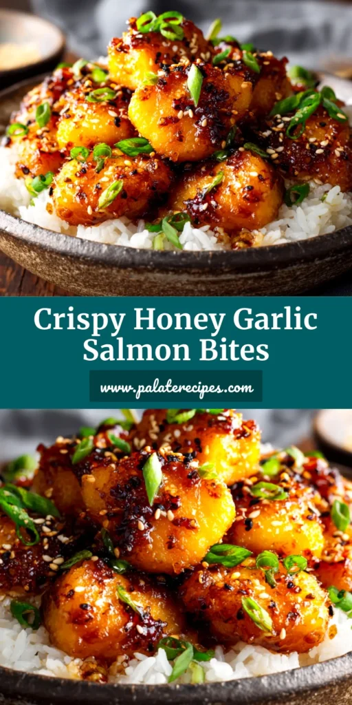 A close-up shot of crispy honey garlic salmon bites in a white bowl, garnished with sesame seeds and green onions. The perfect easy weeknight dinner recipe.