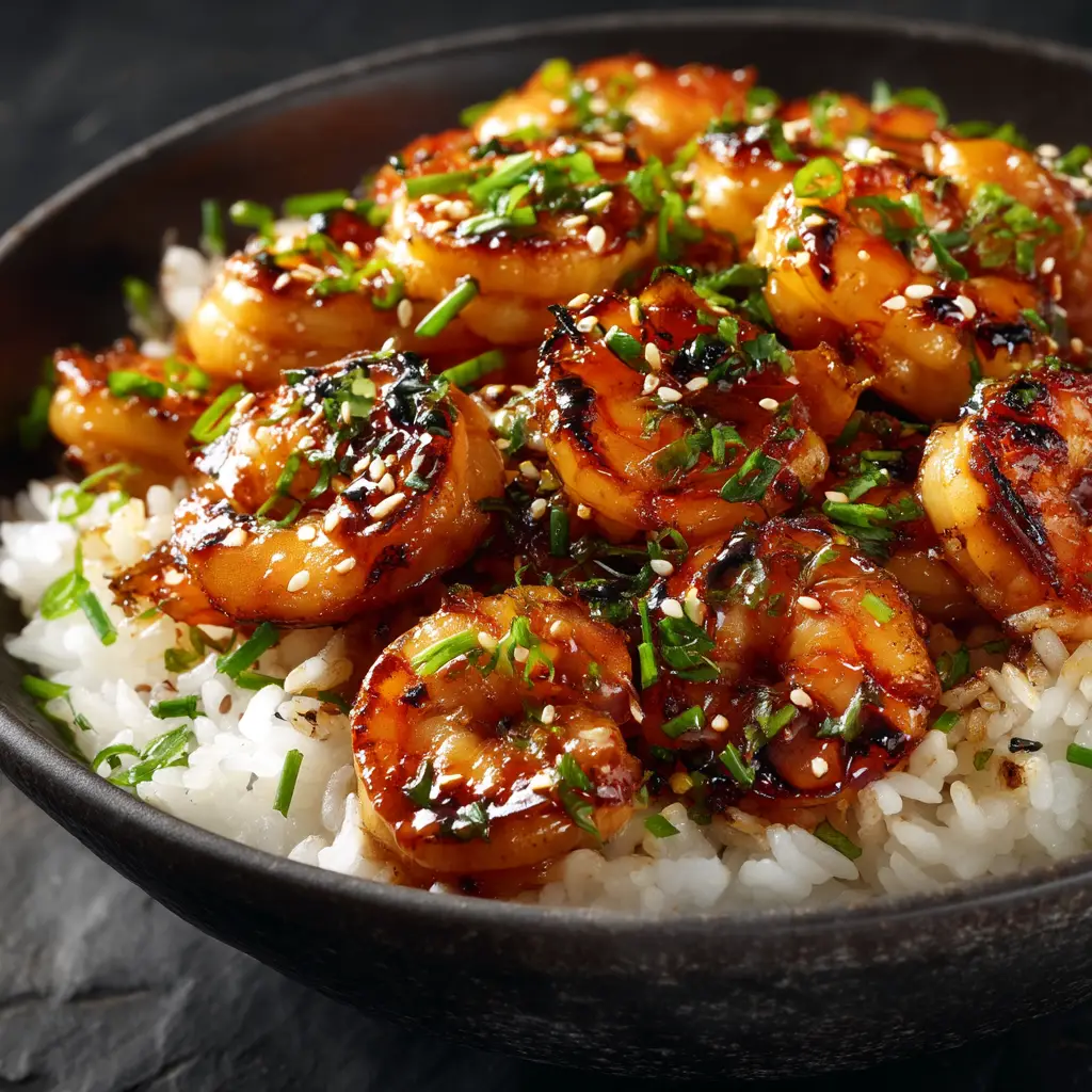 A plated serving of the easy honey garlic shrimp recipe over a bed of white rice, garnished with chopped green onions. A fork is ready to dig in.
