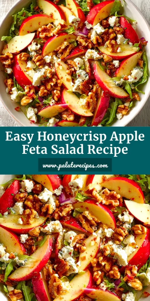 A close-up overhead shot of a vibrant Honeycrisp Apple Feta Salad in a white bowl, ready to be shared. The perfect fall salad recipe.