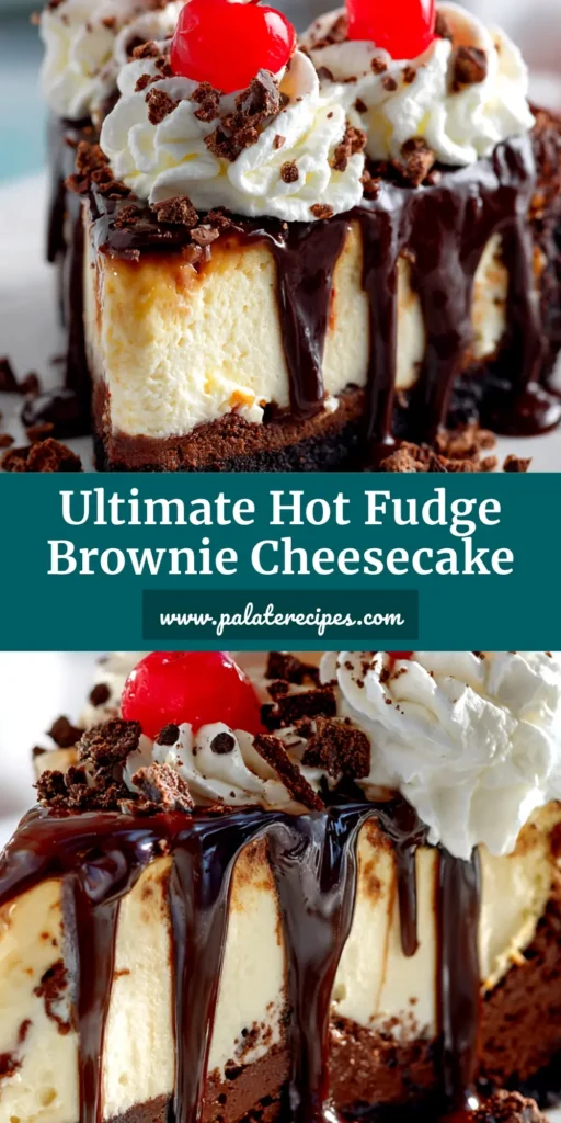 A decadent slice of Hot Fudge Sundae Brownie Cheesecake on a white plate, drizzled with rich hot fudge sauce and topped with whipped cream, nuts, and a cherry.