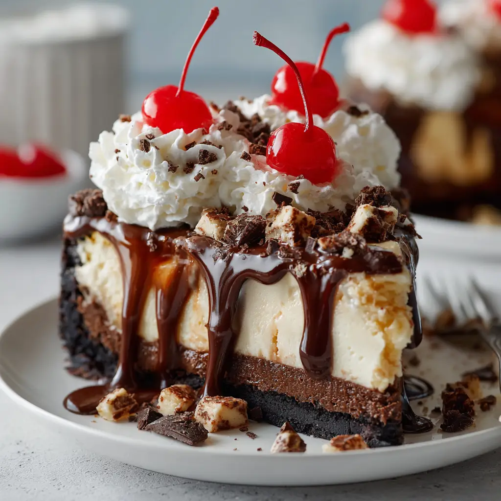 The full Hot Fudge Sundae Brownie Cheesecake on a cake stand, ready to be sliced and served, showcasing its glossy hot fudge topping.