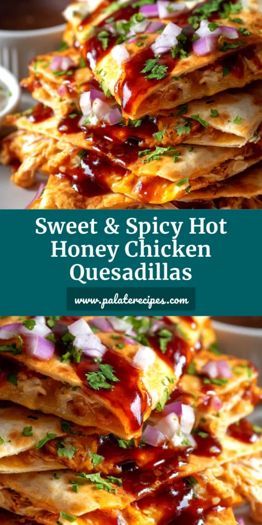 Hot Honey BBQ Chicken Quesadillas (The Ultimate Cheesy Recipe) 4 A stack of perfectly cooked Hot Honey BBQ Chicken Quesadillas, sliced in half to show the cheesy, chicken-filled interior, with a side of sour cream for dipping.