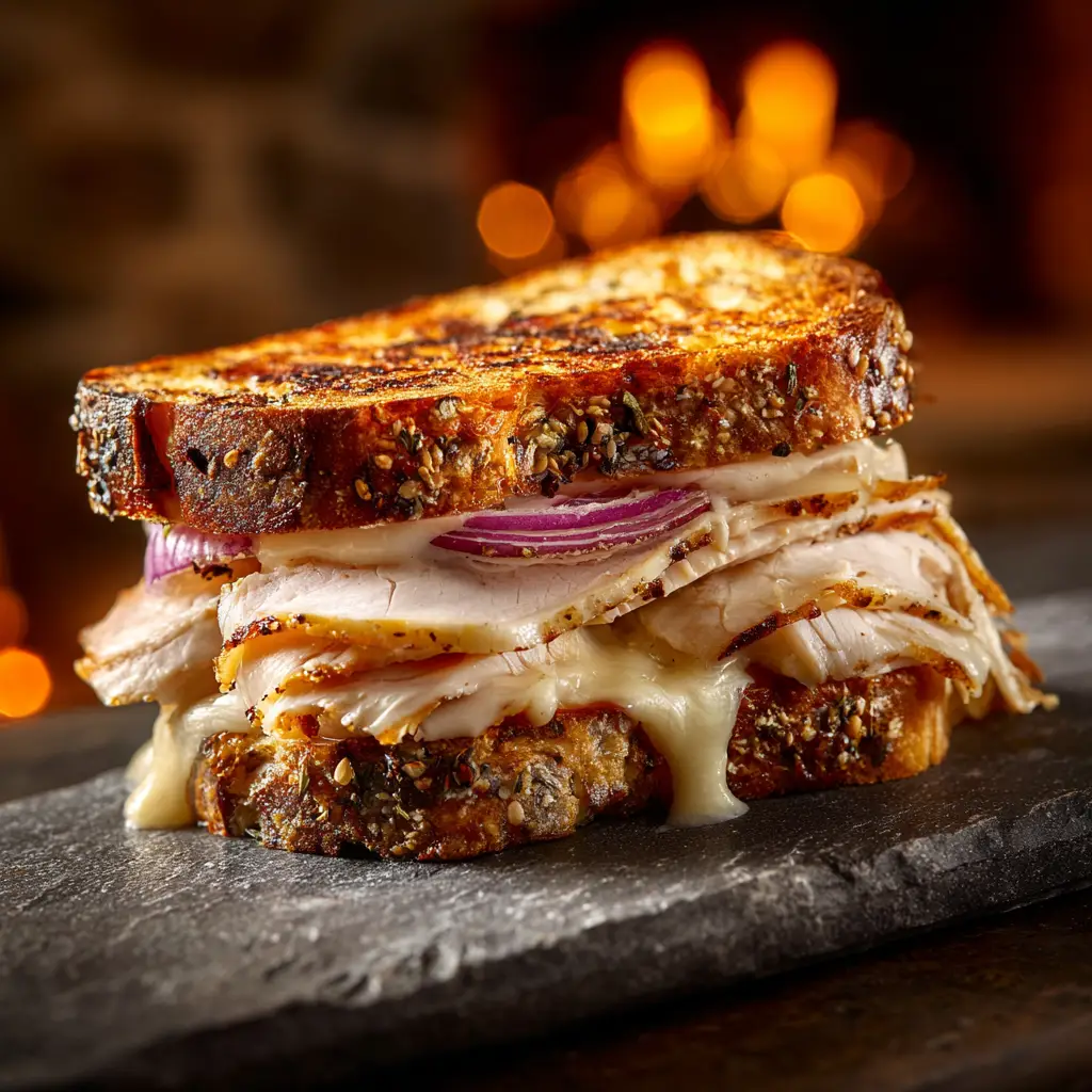Turkey Dijon Melt: The Ultimate Guide to the Perfect Sandwich 3 An extreme close-up of a hot turkey sandwich with melted gruyere cheese, highlighting the textures of the ingredients.