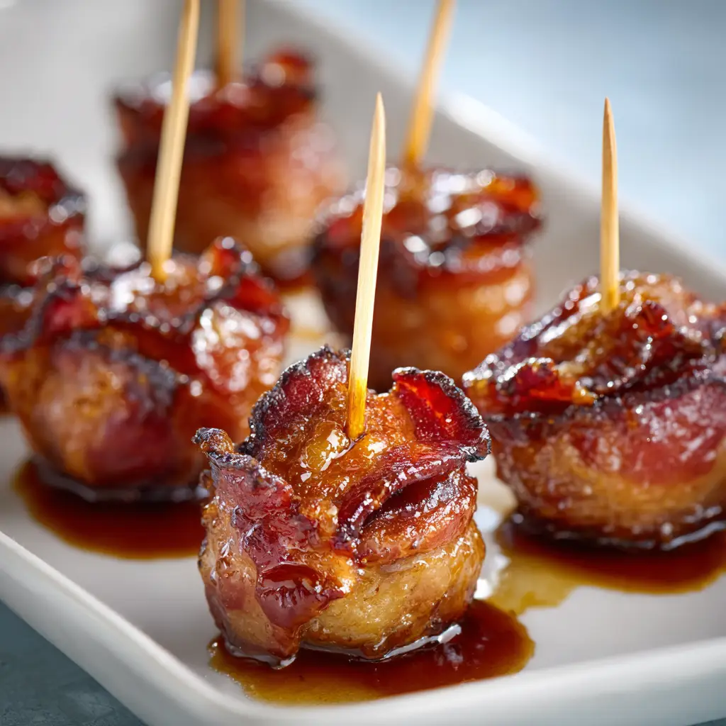 Bacon Wrapped Water Chestnuts with Brown Sugar Glaze 2 Bacon wrapped water chestnuts lined up on a baking sheet before being cooked, with a savory brown sugar glaze being brushed on top.