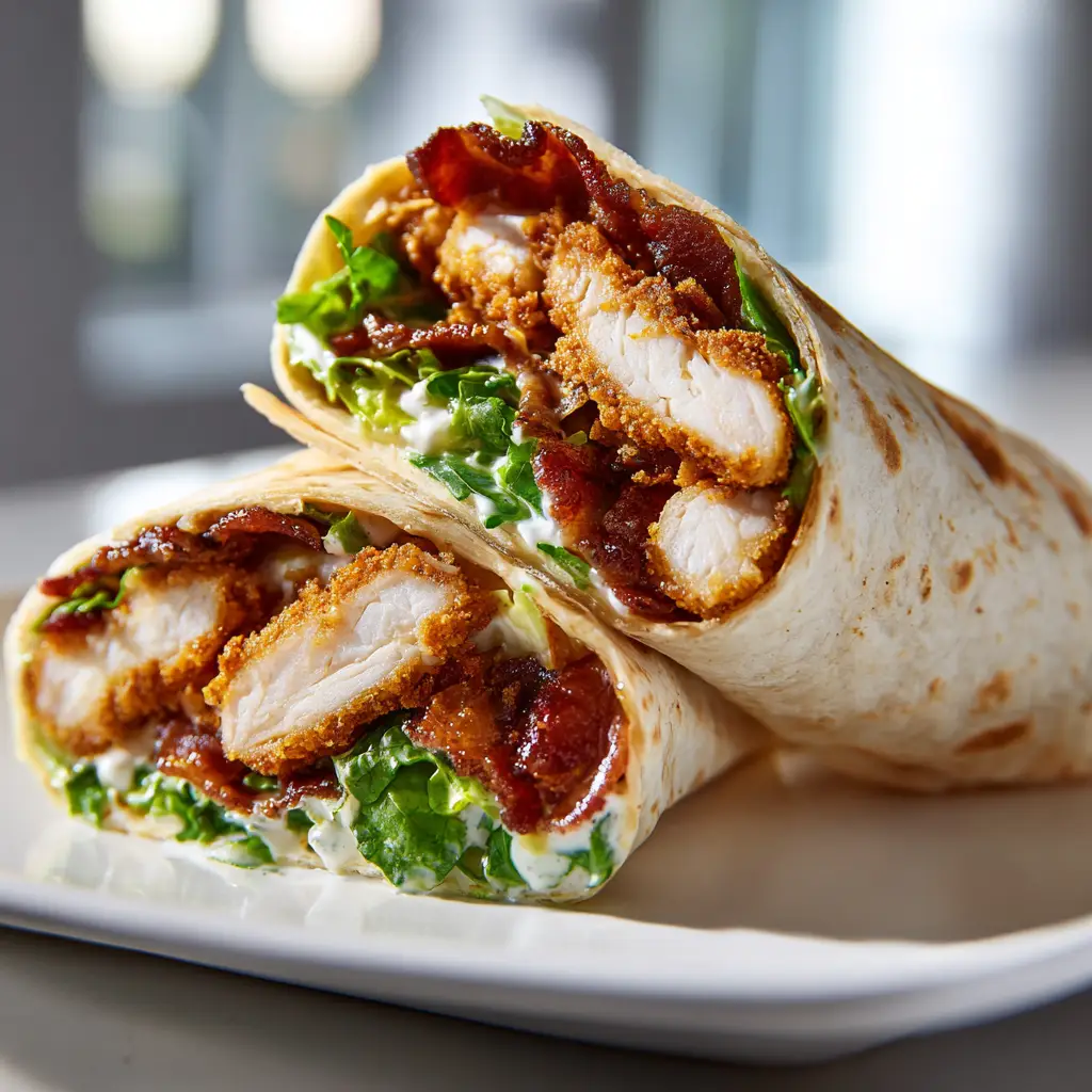 A step-by-step image showing the assembly of the chicken bacon ranch wrap on a flour tortilla before it is rolled.