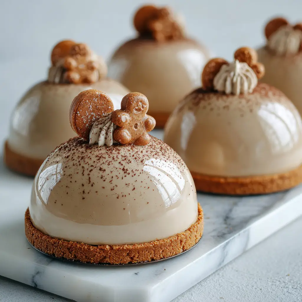The process of assembling the gingerbread latte mousse domes, showing the gingerbread cookie being pressed onto the mousse in a silicone mold.