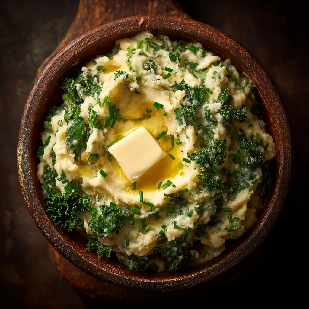 Irish Colcannon: The Ultimate Creamy & Comforting Recipe 2 A spoonful of delicious Irish Colcannon being lifted from a bowl, showing the fluffy texture of the potatoes mixed with green onions and cabbage.