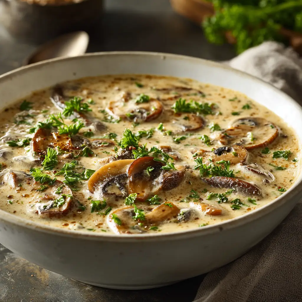 A step-by-step image showing how to make mushroom gravy, with the rich, brown gravy simmering in a pan.