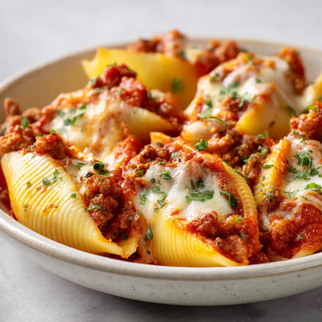 A 9x13 inch baking dish filled with assembled but unbaked sausage stuffed shells, topped with marinara sauce and shredded mozzarella cheese.