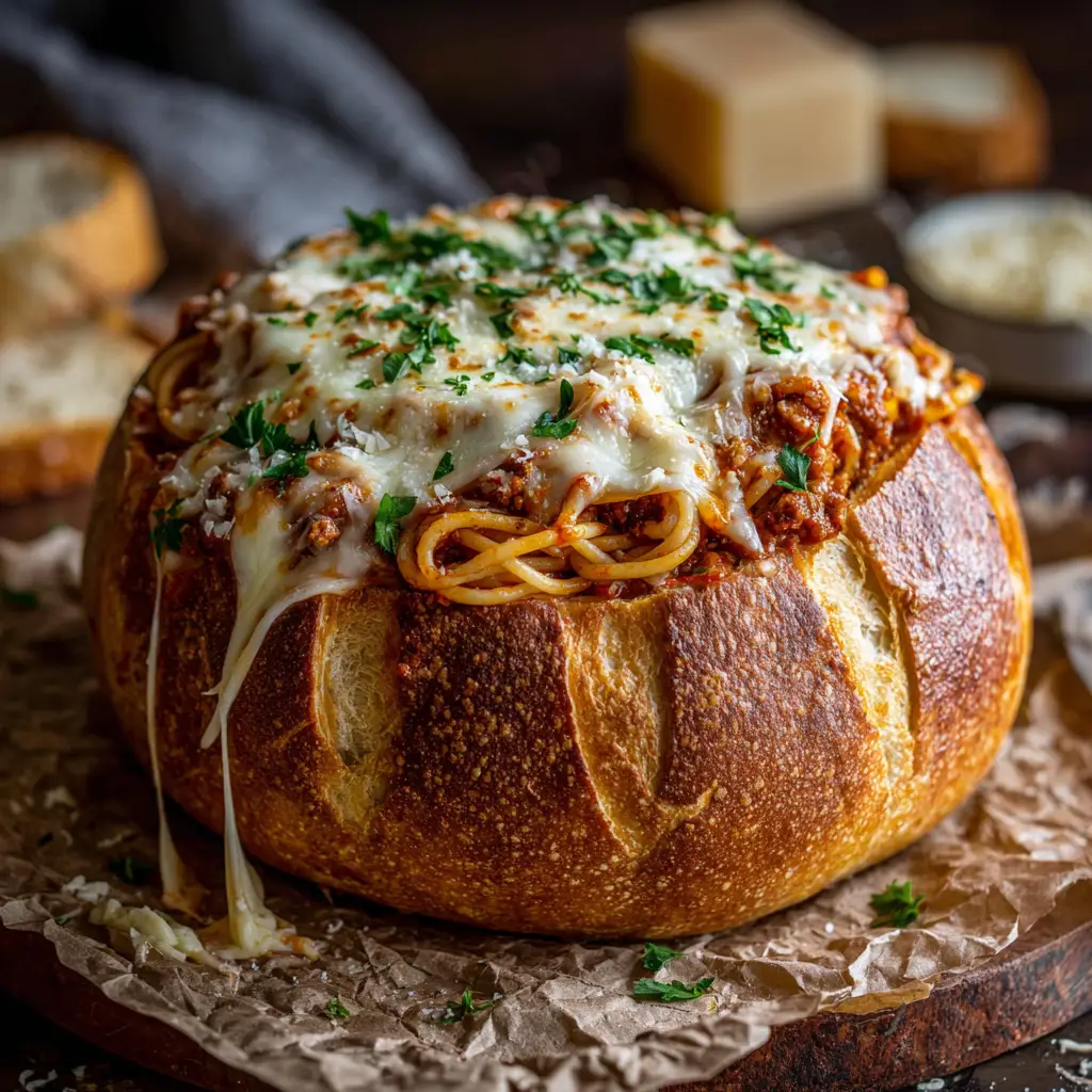 The process of filling a toasted garlic bread bowl with spaghetti and meat sauce before it gets topped with cheese and baked.