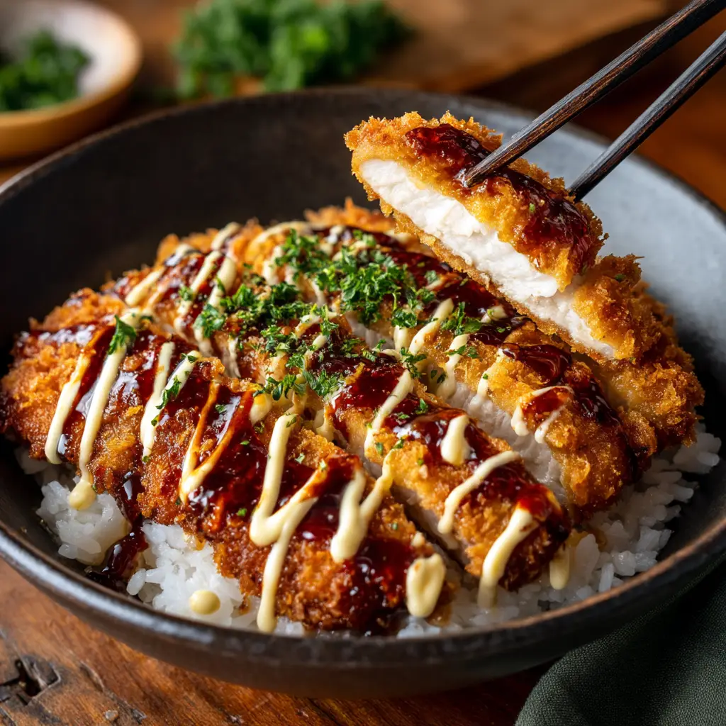 A Japanese Katsu Bowl being assembled, with tonkatsu sauce being drizzled over the sliced crispy pork cutlet and rice.