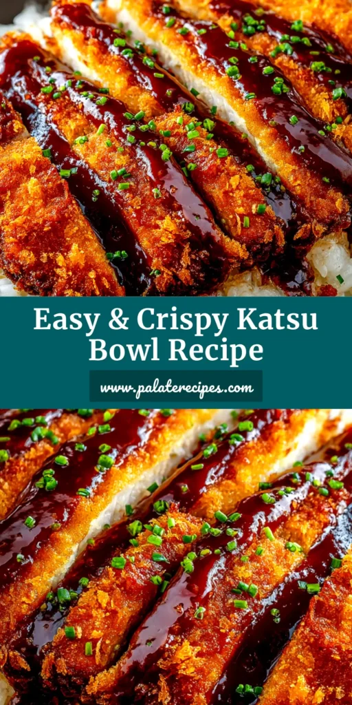 A delicious and crispy Japanese Katsu Bowl Recipe with a golden-fried pork cutlet over a bed of rice and shredded cabbage, drizzled with tangy katsu sauce.