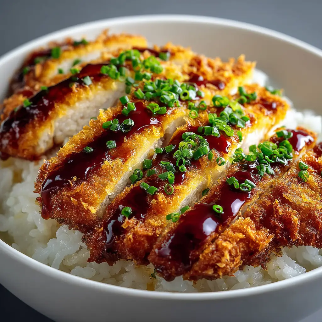 A fully assembled donburi rice bowl, showcasing the sliced katsu, fresh cabbage, and savory sauce in this easy Japanese Katsu Bowl Recipe.