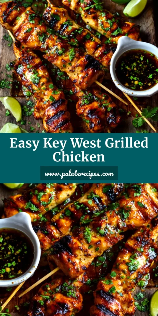 A close-up of sliced Key West Grilled Chicken on a white plate, showing a juicy interior and garnished with fresh cilantro and lime wedges.