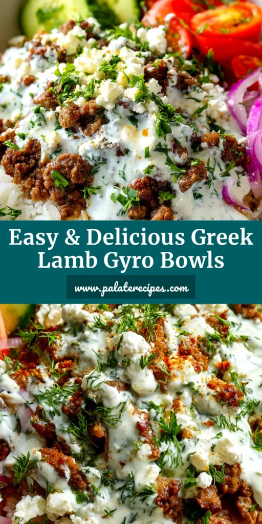 An overhead shot of vibrant Lamb Gyro Bowls, showcasing tender lamb, fresh vegetables, and creamy tzatziki sauce over a bed of rice. A healthy and flavorful Greek-inspired meal.