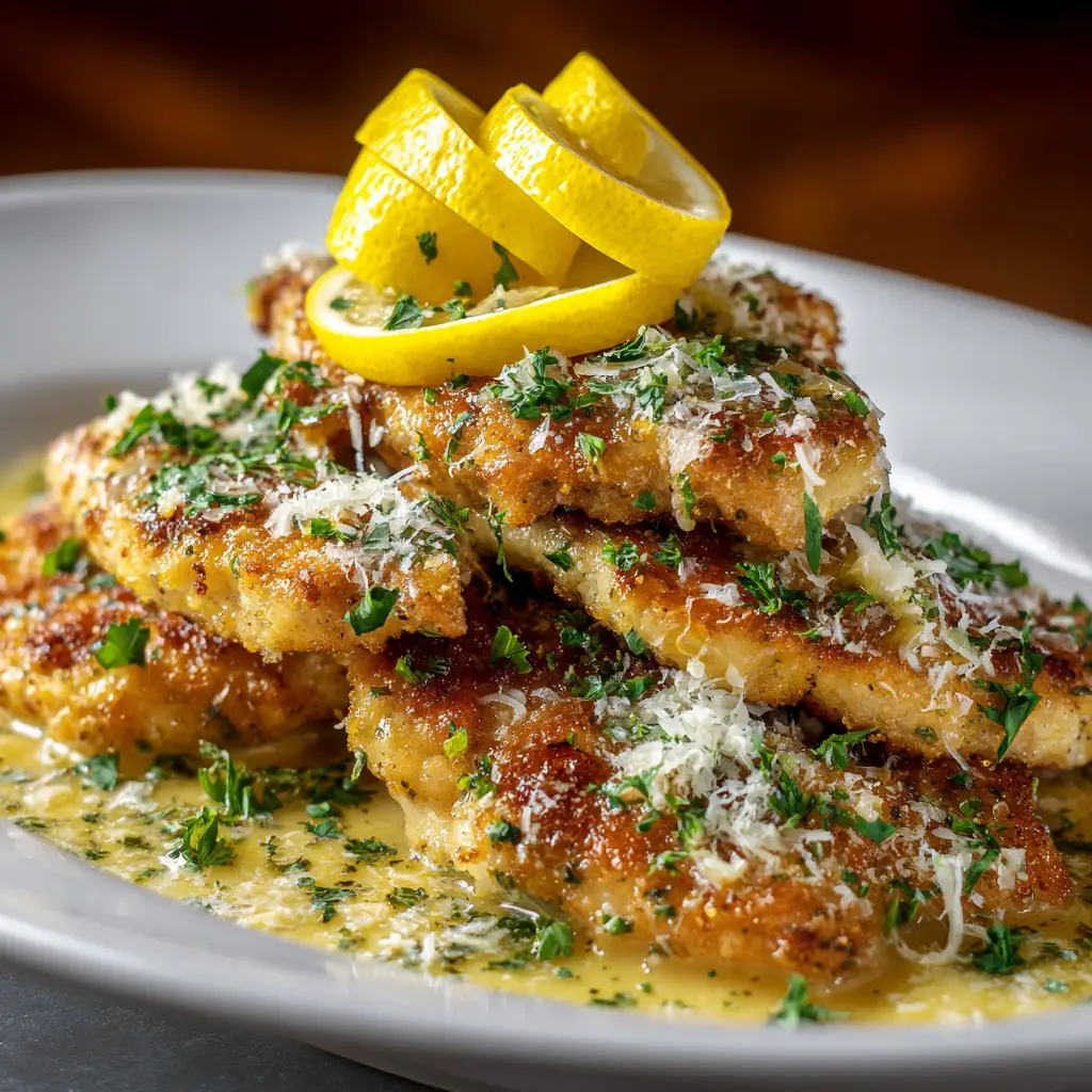 A pan-fried Lemon Chicken Romano cutlet in a skillet, with the lemon butter sauce being drizzled over the top.