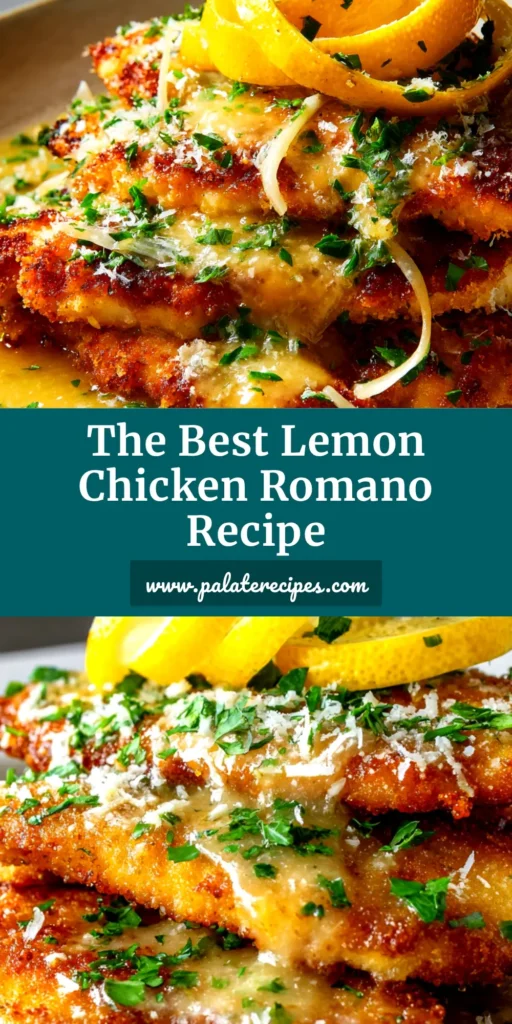 A close-up shot of crispy Lemon Chicken Romano on a white plate, drizzled with a lemon butter sauce and garnished with fresh parsley.