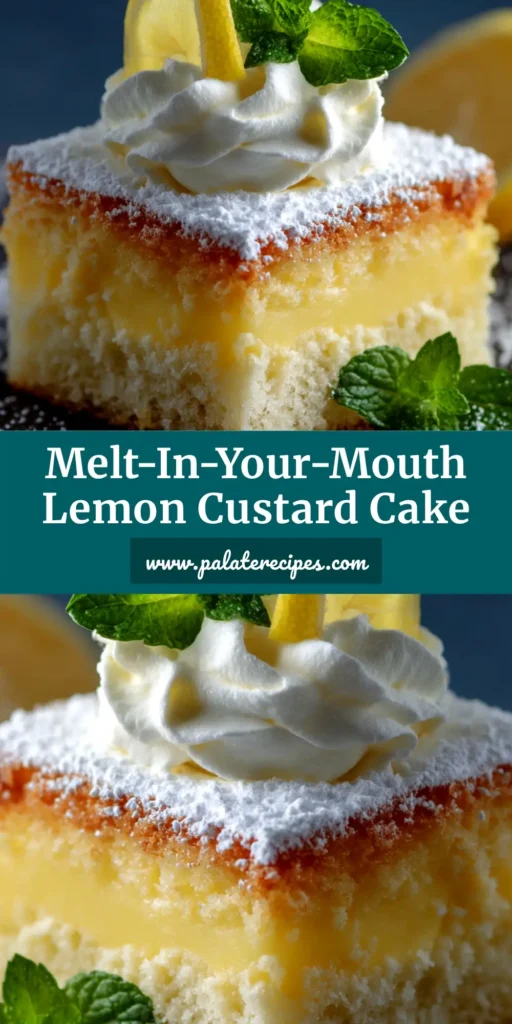 Lemon Custard Cake: The Magical, Self-Layering Dessert 5 A slice of magical Lemon Custard Cake on a white plate, showing the distinct layers of light sponge cake on top and creamy custard on the bottom, dusted with powdered sugar.