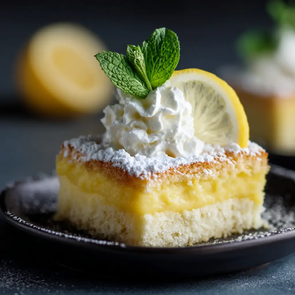 Lemon Custard Cake: The Magical, Self-Layering Dessert 3 A close-up shot of a square slice of lemon pudding cake, highlighting the creamy custard base and the light sponge topping.