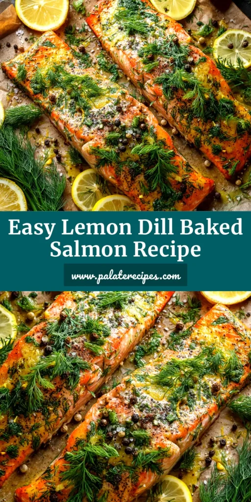 Lemon Dill Baked Salmon (Easy, Healthy & Delicious!) 4 A close-up overhead shot of Lemon Dill Baked Salmon fresh from the oven, garnished with lemon slices and fresh dill.