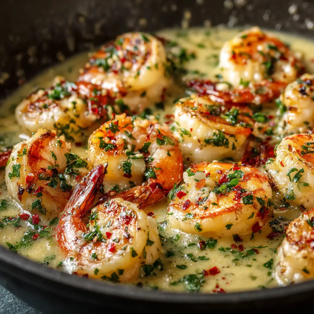 A succulent piece of shrimp being lifted from a skillet with a fork, dripping with creamy coconut garlic sauce, ready to be eaten.