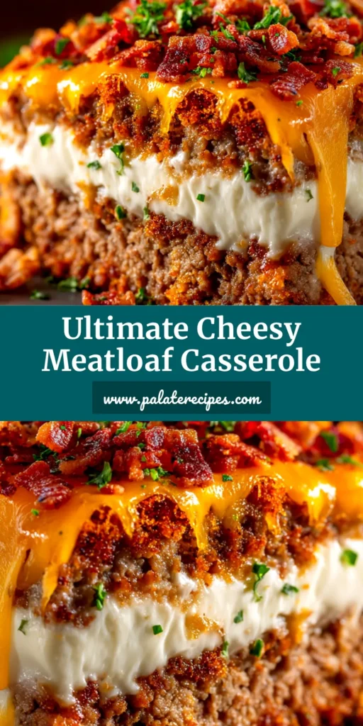 A slice of loaded meatloaf casserole on a white plate, showing the layers of meatloaf, mashed potatoes, melted cheddar cheese, and bacon. The perfect comfort food recipe.