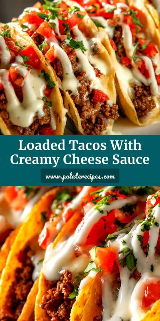 A close-up of three delicious loaded tacos filled with ground beef, cheese, lettuce, and tomatoes. The perfect easy loaded tacos recipe for a fun taco night.