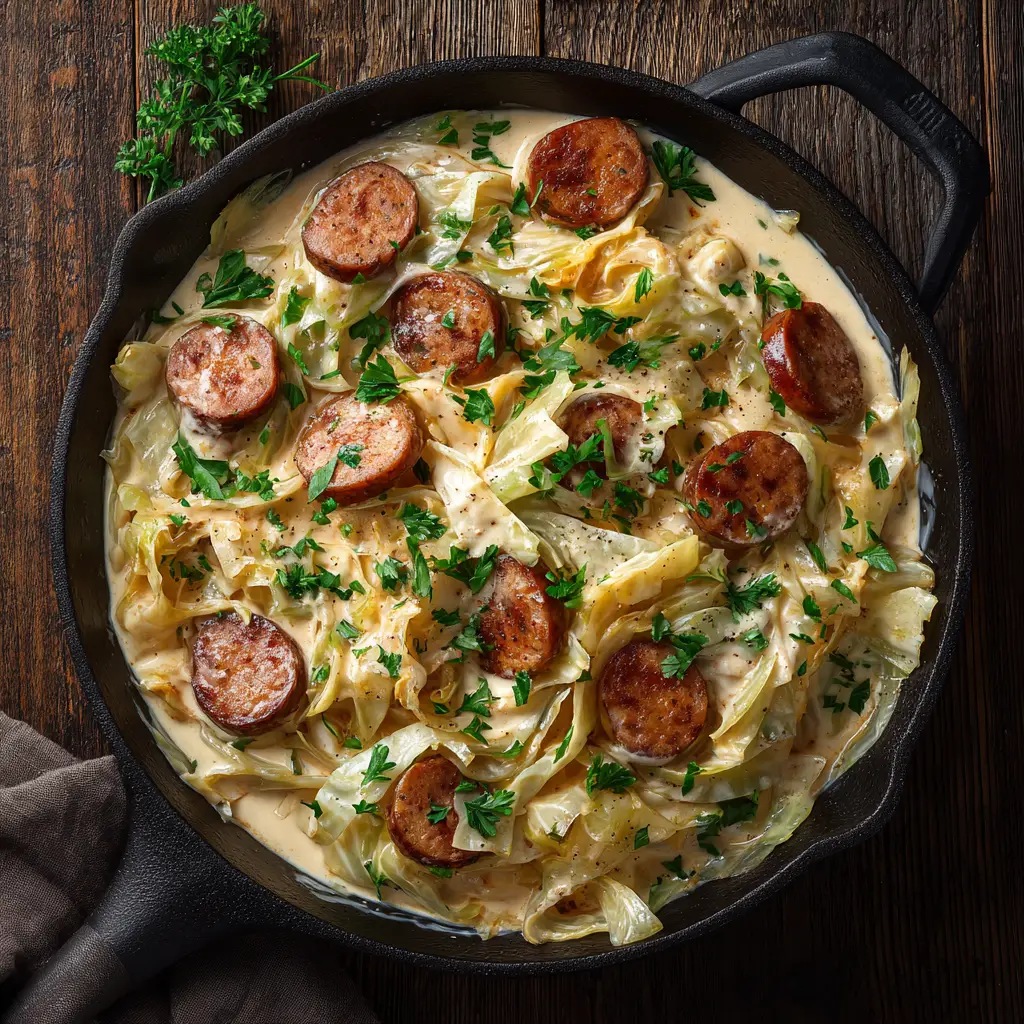 Cajun Sausage Cabbage Alfredo: Your New Favorite Low-Carb Dinner 2 A serving of low-carb cajun sausage cabbage alfredo topped with fresh parsley in a white bowl.