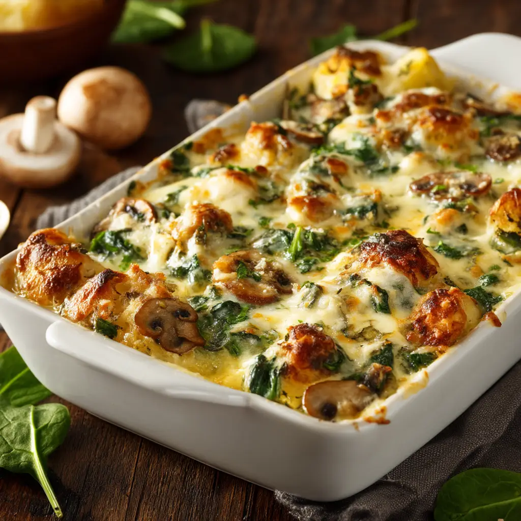 The low-carb chicken casserole being prepared in a cast-iron skillet before baking, showing the mixture of chicken, spinach, and mushrooms in cream sauce.