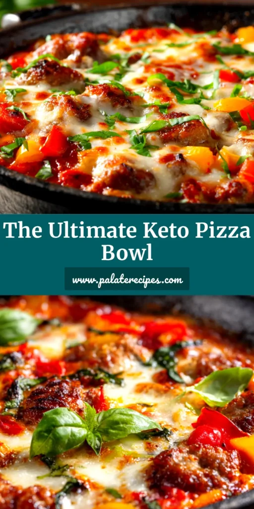 An overhead shot of a delicious low carb pizza bowl in a white bowl, loaded with pepperoni, melted cheese, and fresh basil.