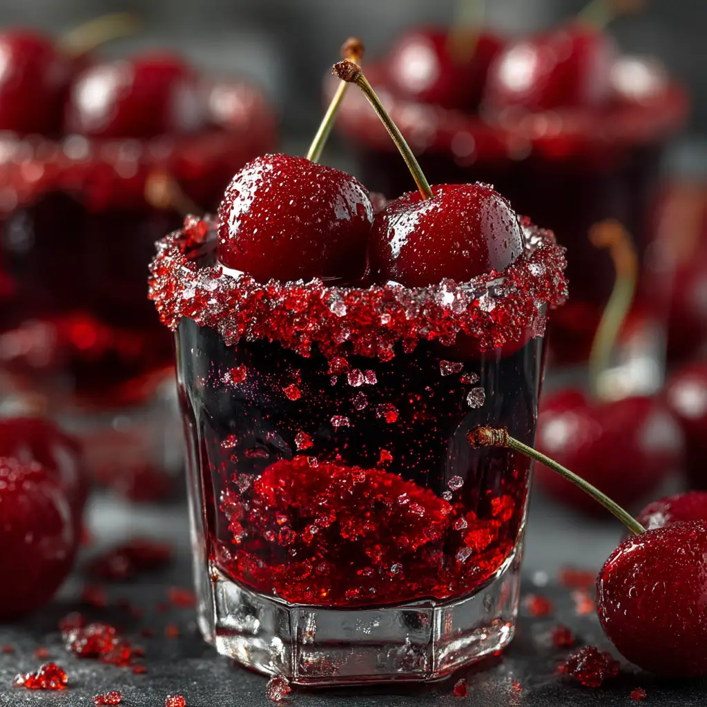 A tray of freshly made cherry pie jello shots chilling on a baking sheet, ready for a party.