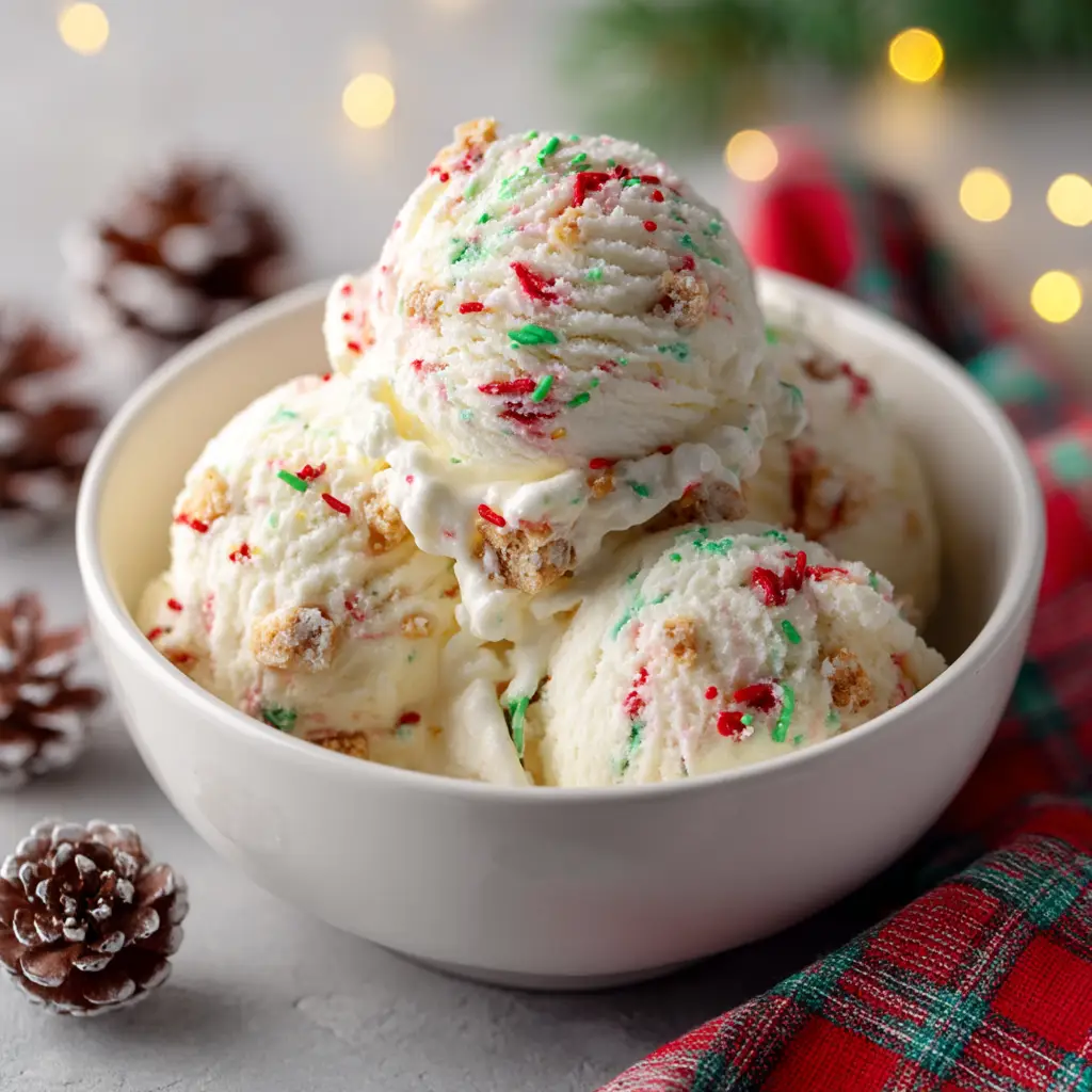 A bowl of vanilla ice cream base being mixed with crushed Christmas cookies and colorful sprinkles, showing a step in the recipe process.