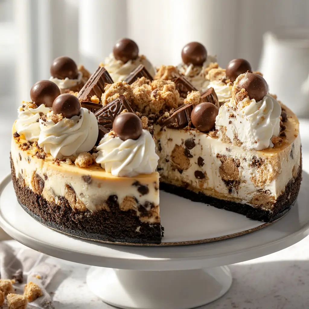 Cookie Dough Cheesecake: The Ultimate Indulgent Recipe 2 The creamy cheesecake batter being poured over the Oreo crust, with cookie dough balls ready to be added.