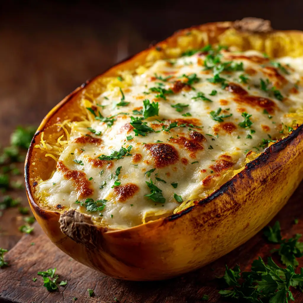 A close-up action shot of spaghetti squash strands being tossed in a pan with a creamy, rich homemade Alfredo sauce.