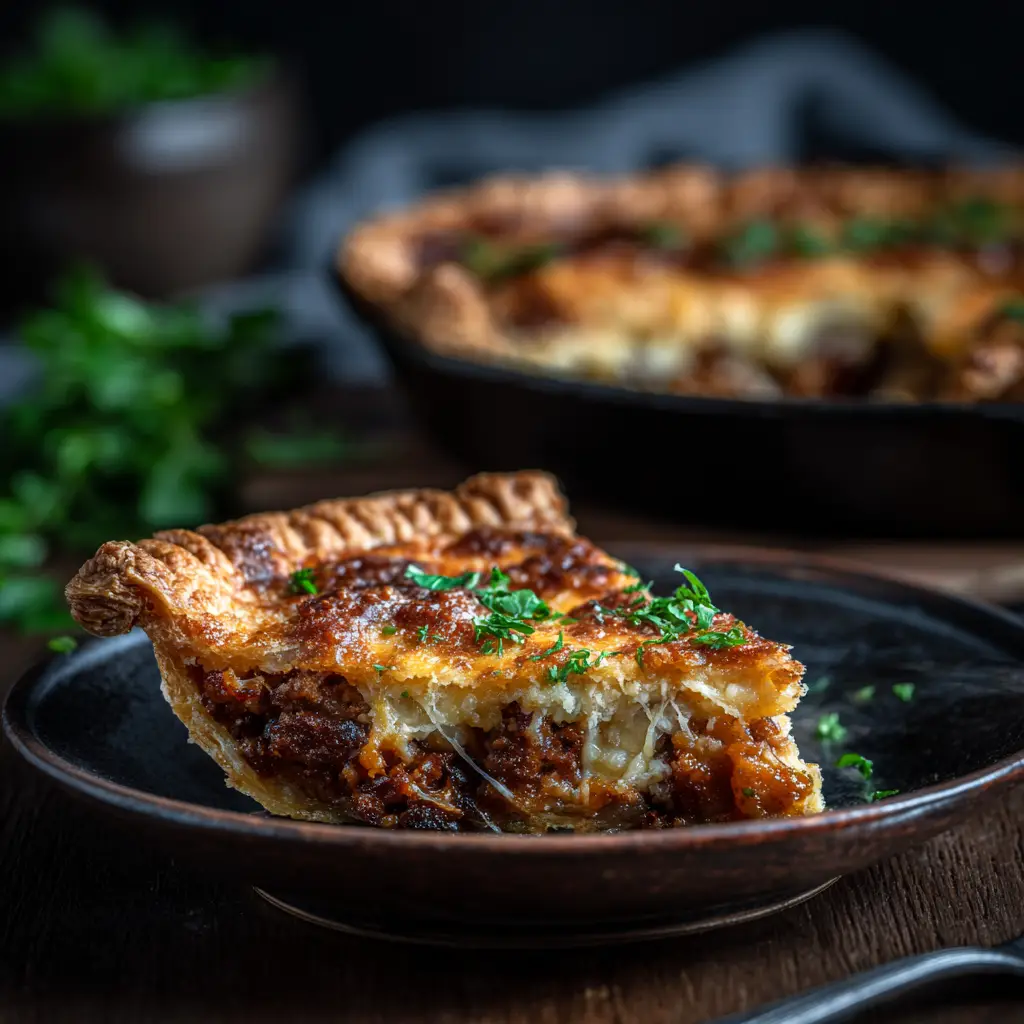 The Monterey Sausage Pie being prepared, with the egg mixture being poured over the sausage and cheese in the pie crust before baking.