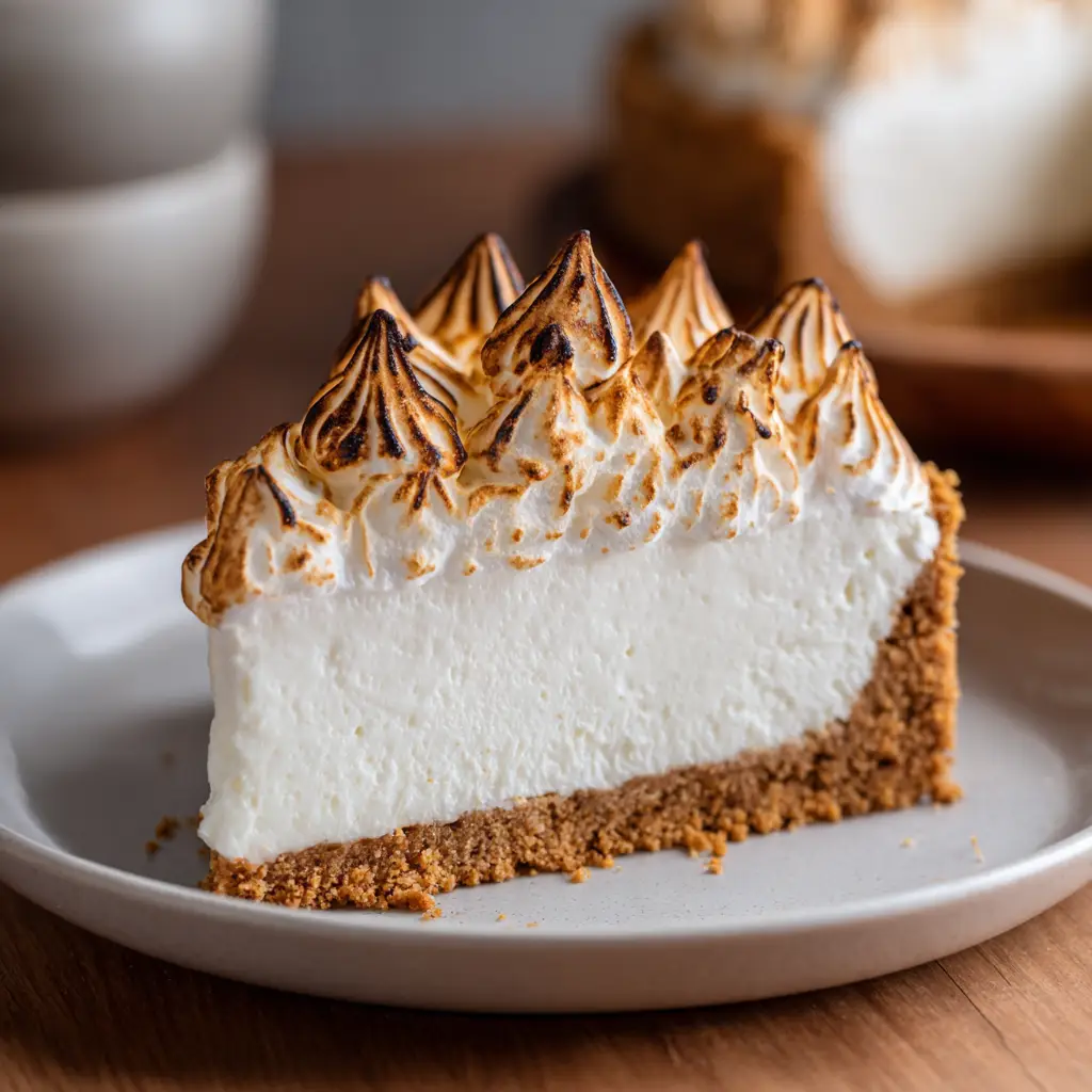 A process shot showing the creamy marshmallow cheesecake filling being smoothed over the graham cracker crust in a springform pan.